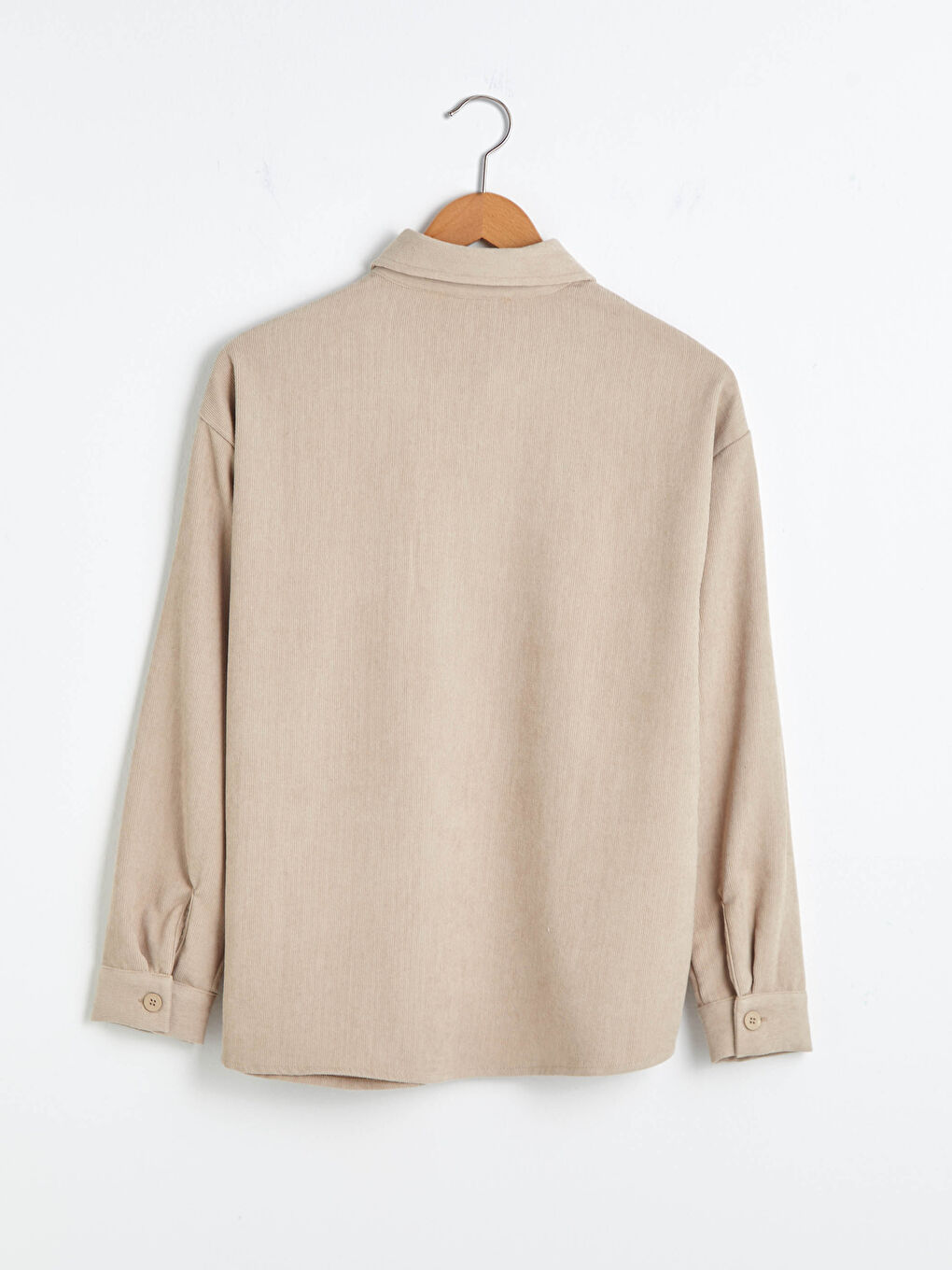 Bej Cep Detaylı Uzun Kollu Kadın Kadife Gömlek-1