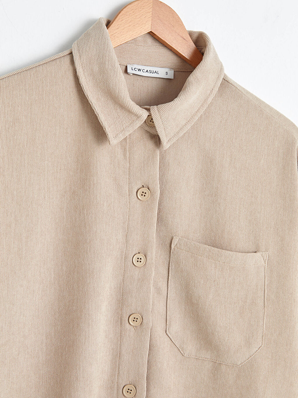 Bej Cep Detaylı Uzun Kollu Kadın Kadife Gömlek-2