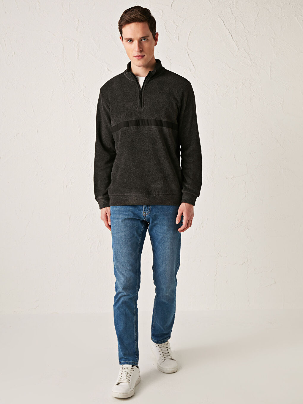 Суитшърт с цип и яка тип фуния с дълъг ръкав за мъже-1