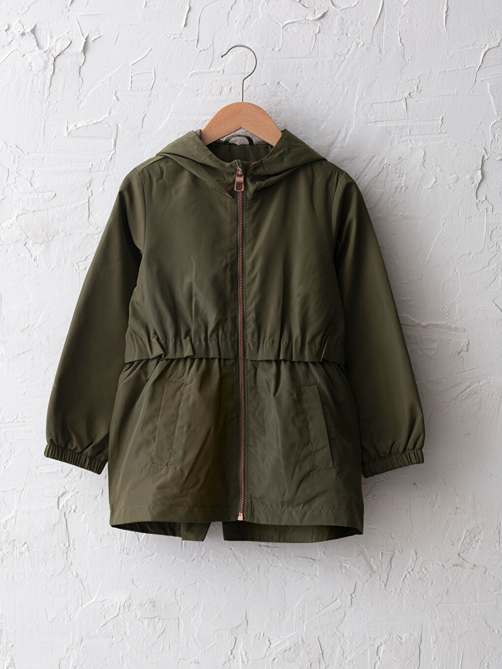 Haki Kapüşonlu Basic Kız Çocuk İnce Mont