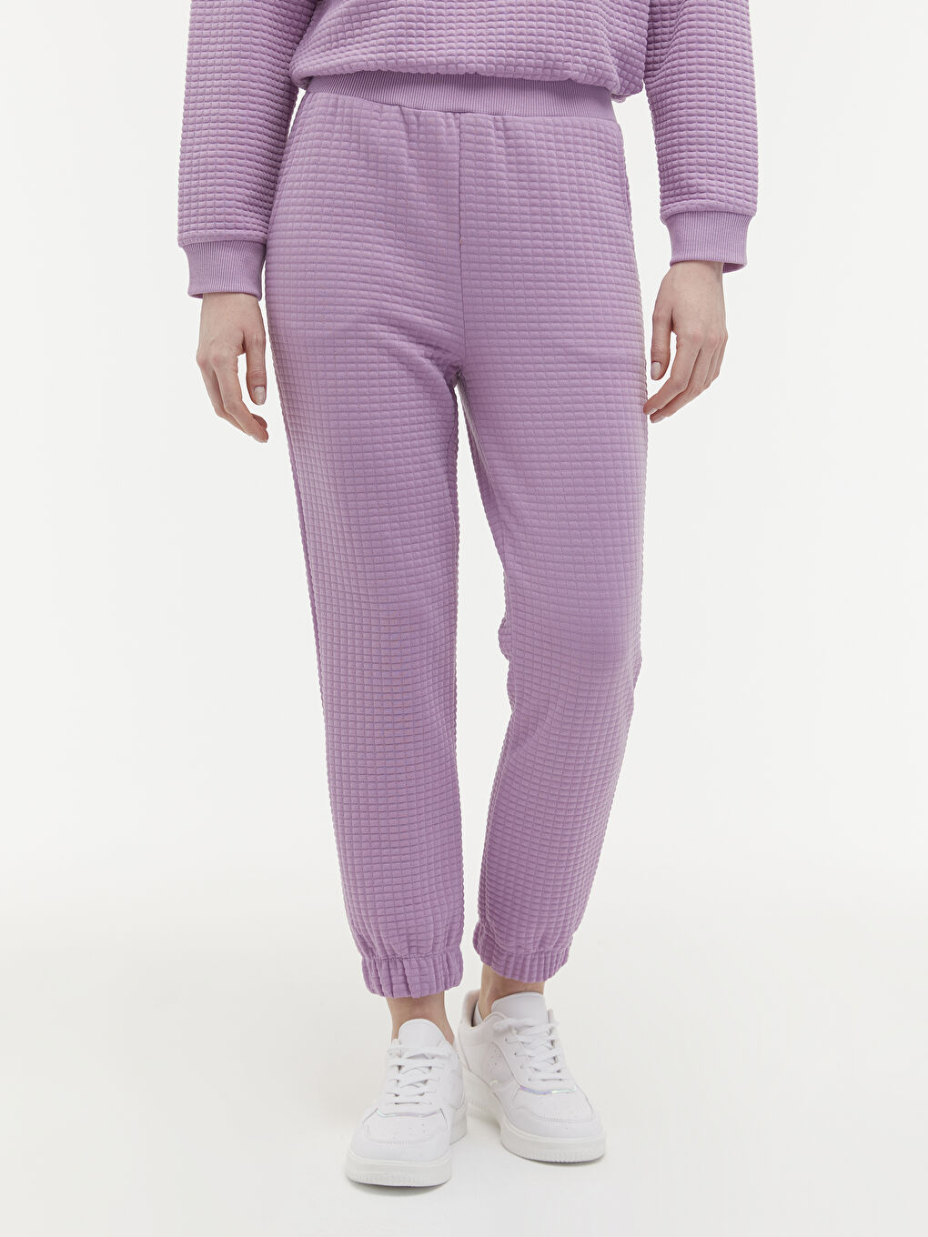 Lila Beli Lastikli Dokulu Kumaş Eşofman Alt-3