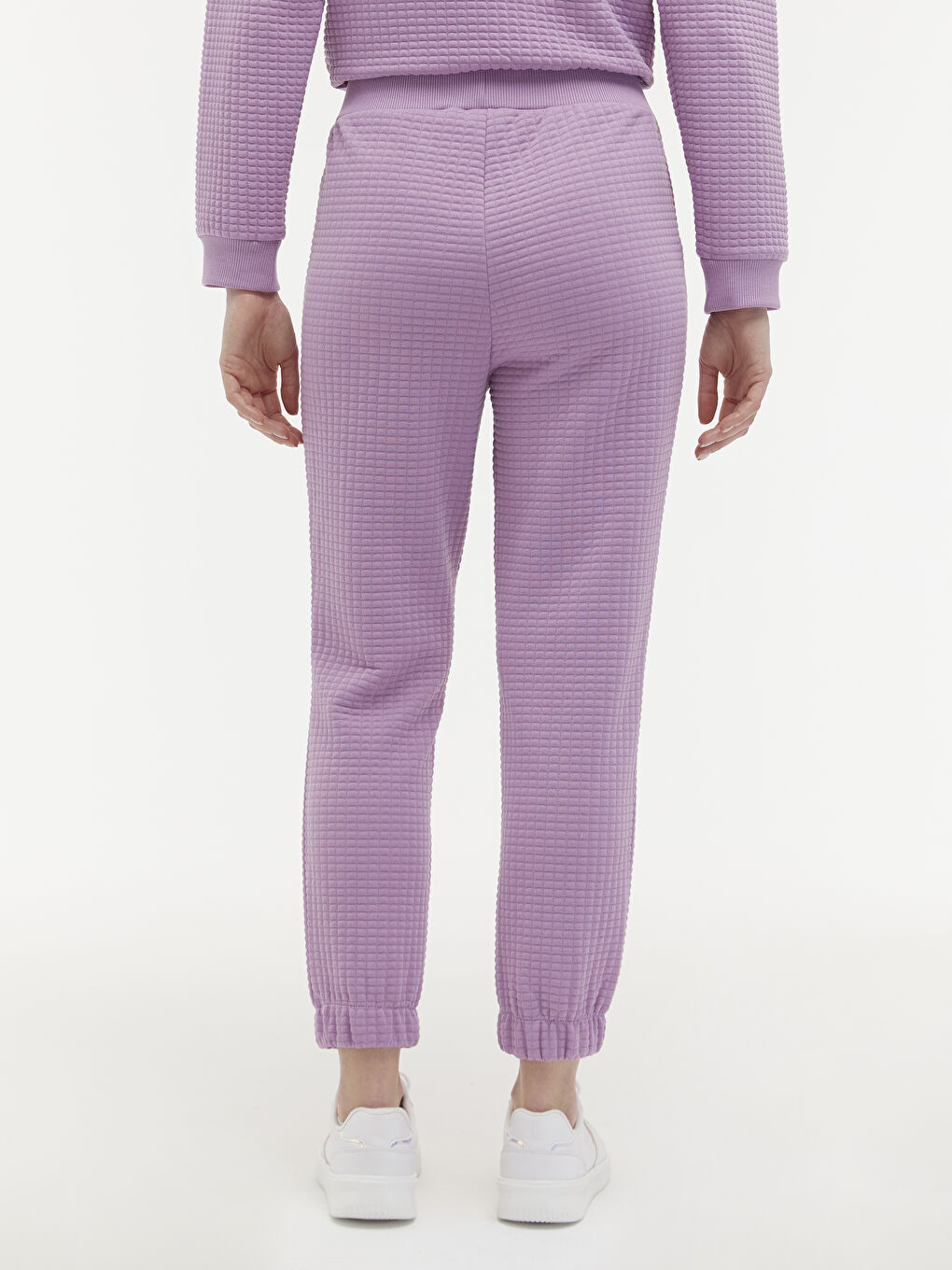 Lila Beli Lastikli Dokulu Kumaş Eşofman Alt-4