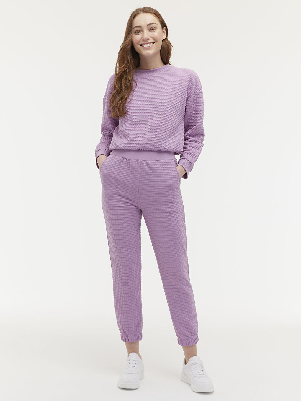 Lila Beli Lastikli Dokulu Kumaş Eşofman Alt-5