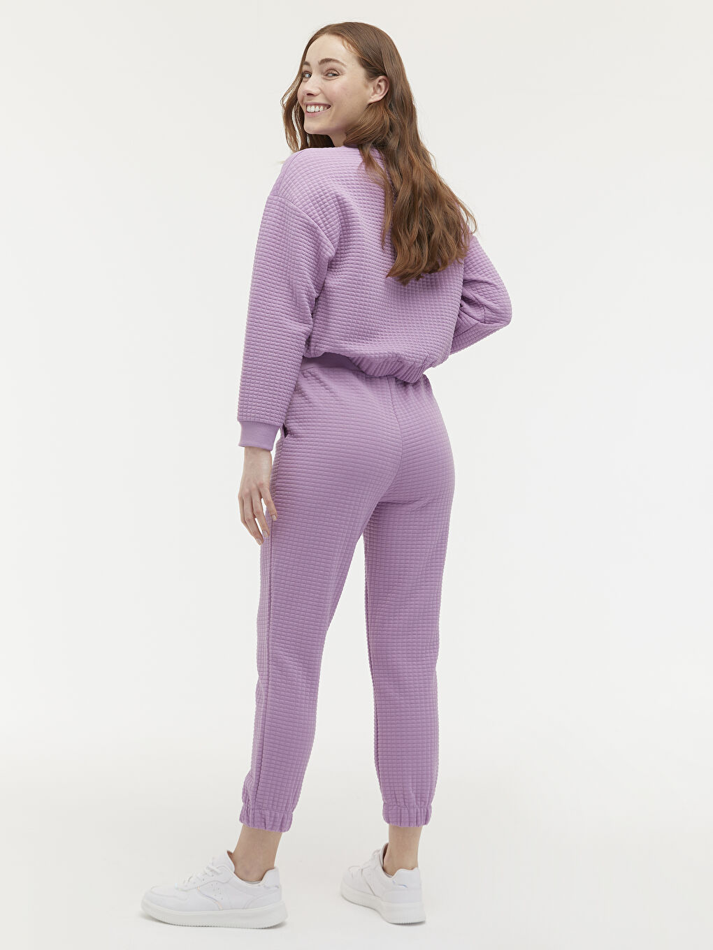 Lila Beli Lastikli Dokulu Kumaş Eşofman Alt-1