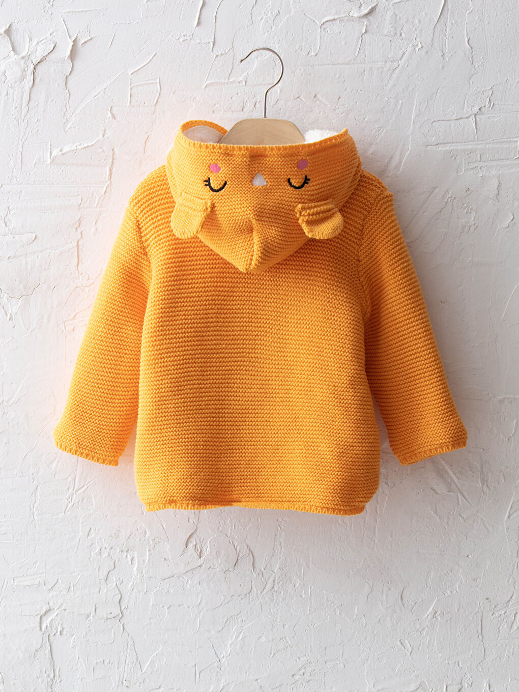 Turuncu Kapüşonlu Uzun Kollu Kız Bebek Düğmeli Triko Hırka-1