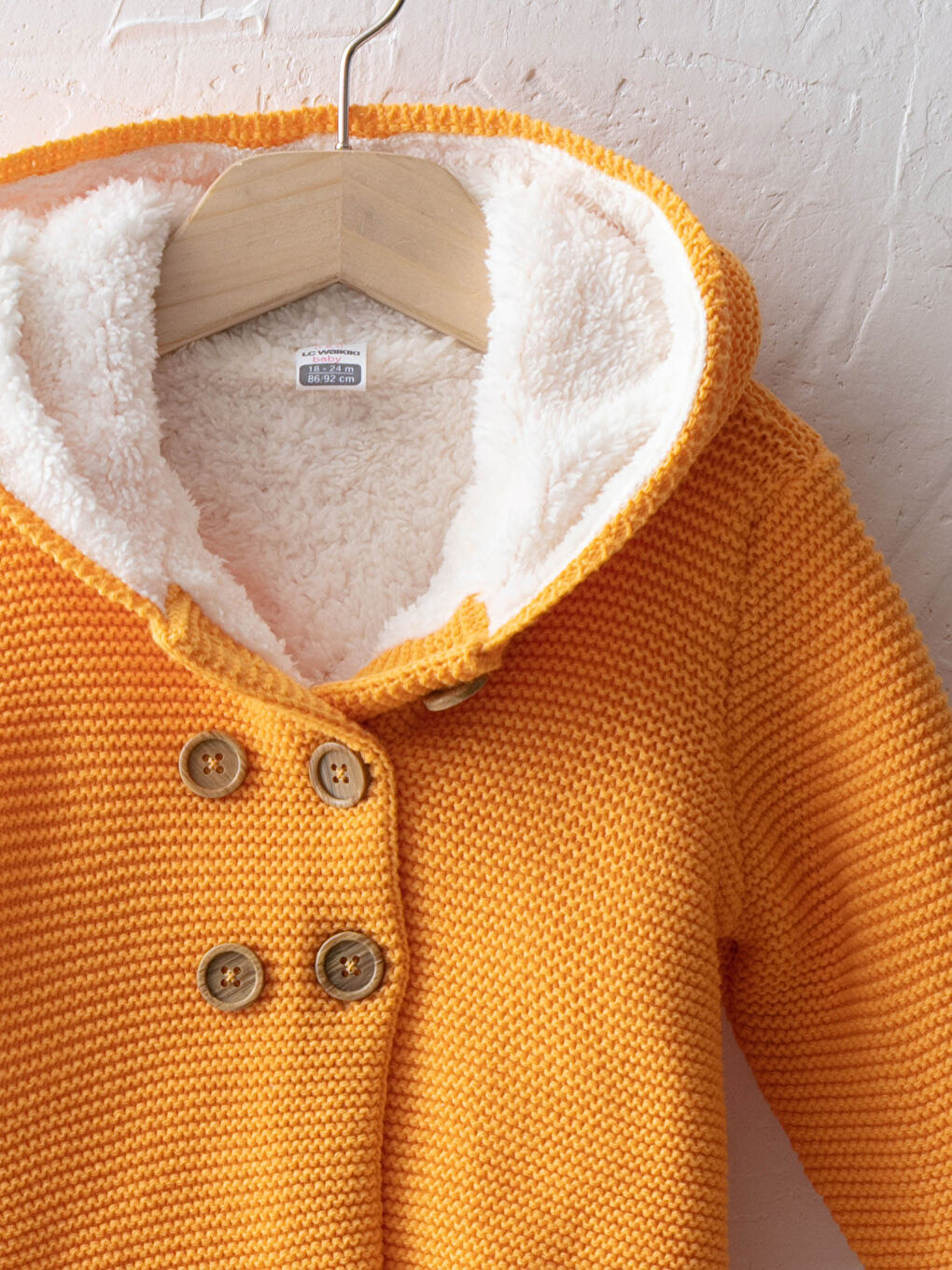 Turuncu Kapüşonlu Uzun Kollu Kız Bebek Düğmeli Triko Hırka-2