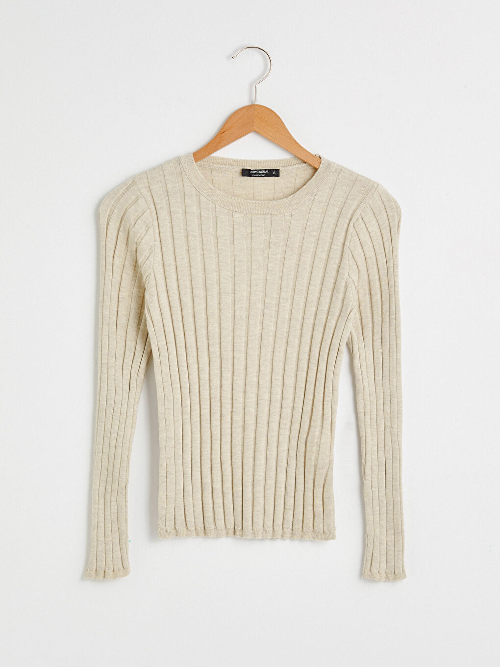 Bej Bisiklet Yaka Çizgili Triko Kazak-5