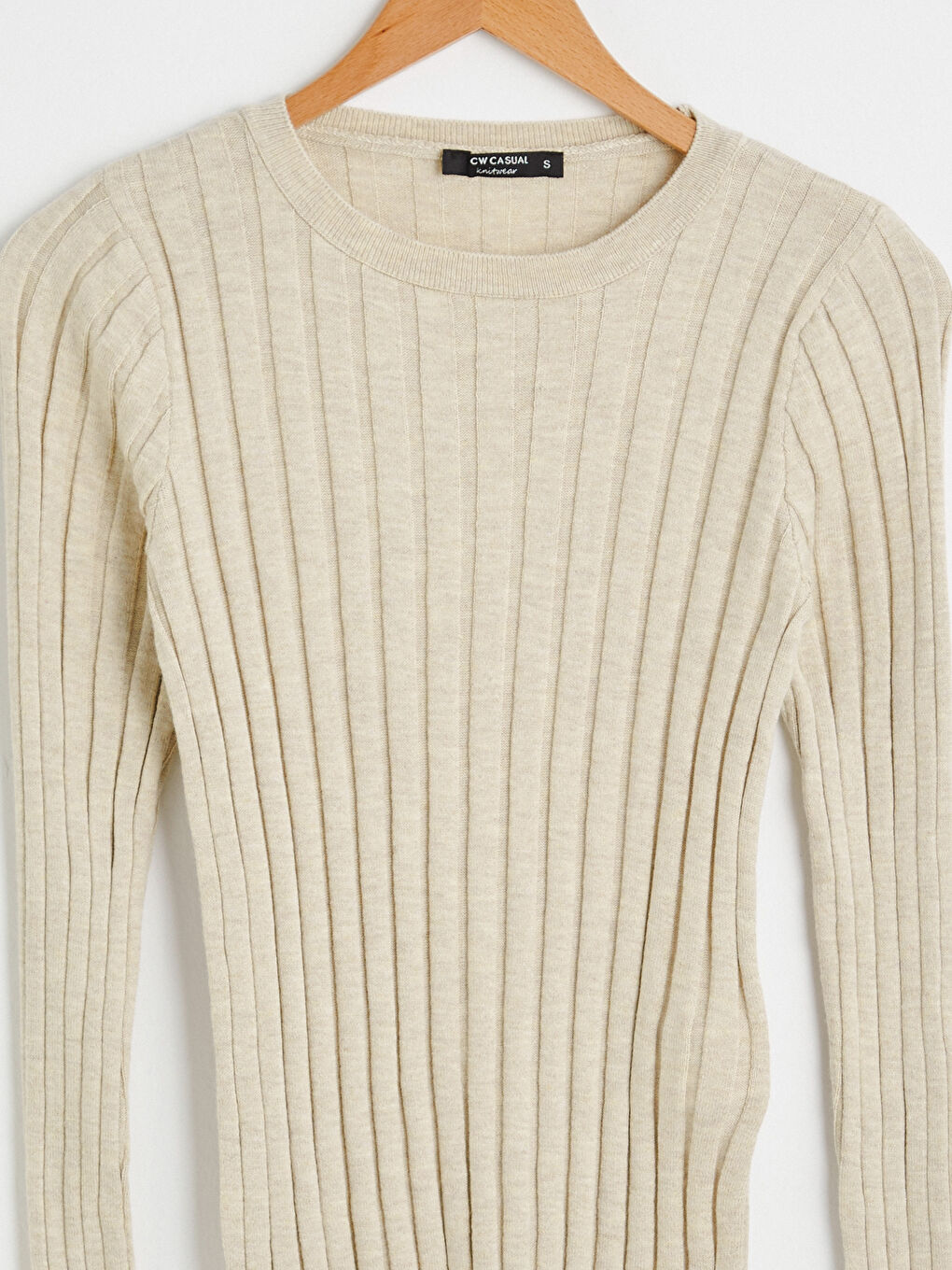 Bej Bisiklet Yaka Çizgili Triko Kazak-7