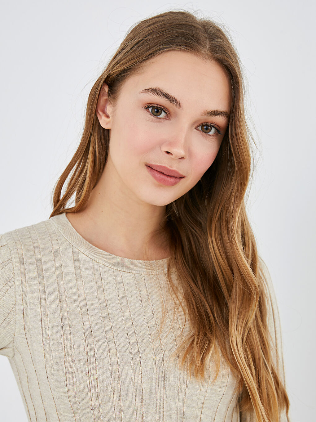 Bej Bisiklet Yaka Çizgili Triko Kazak-2