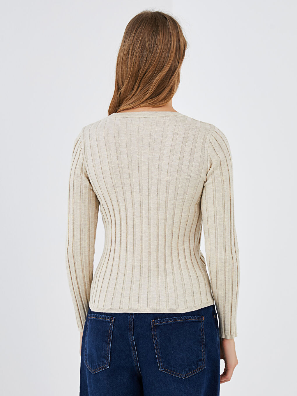 Bej Bisiklet Yaka Çizgili Triko Kazak-3