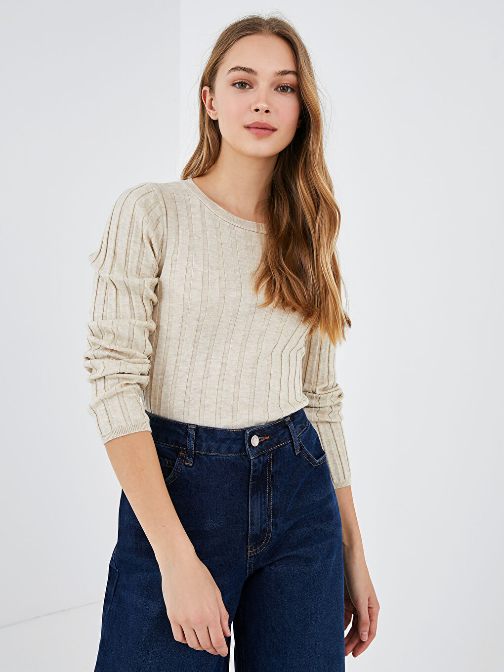 Bej Bisiklet Yaka Çizgili Triko Kazak-4