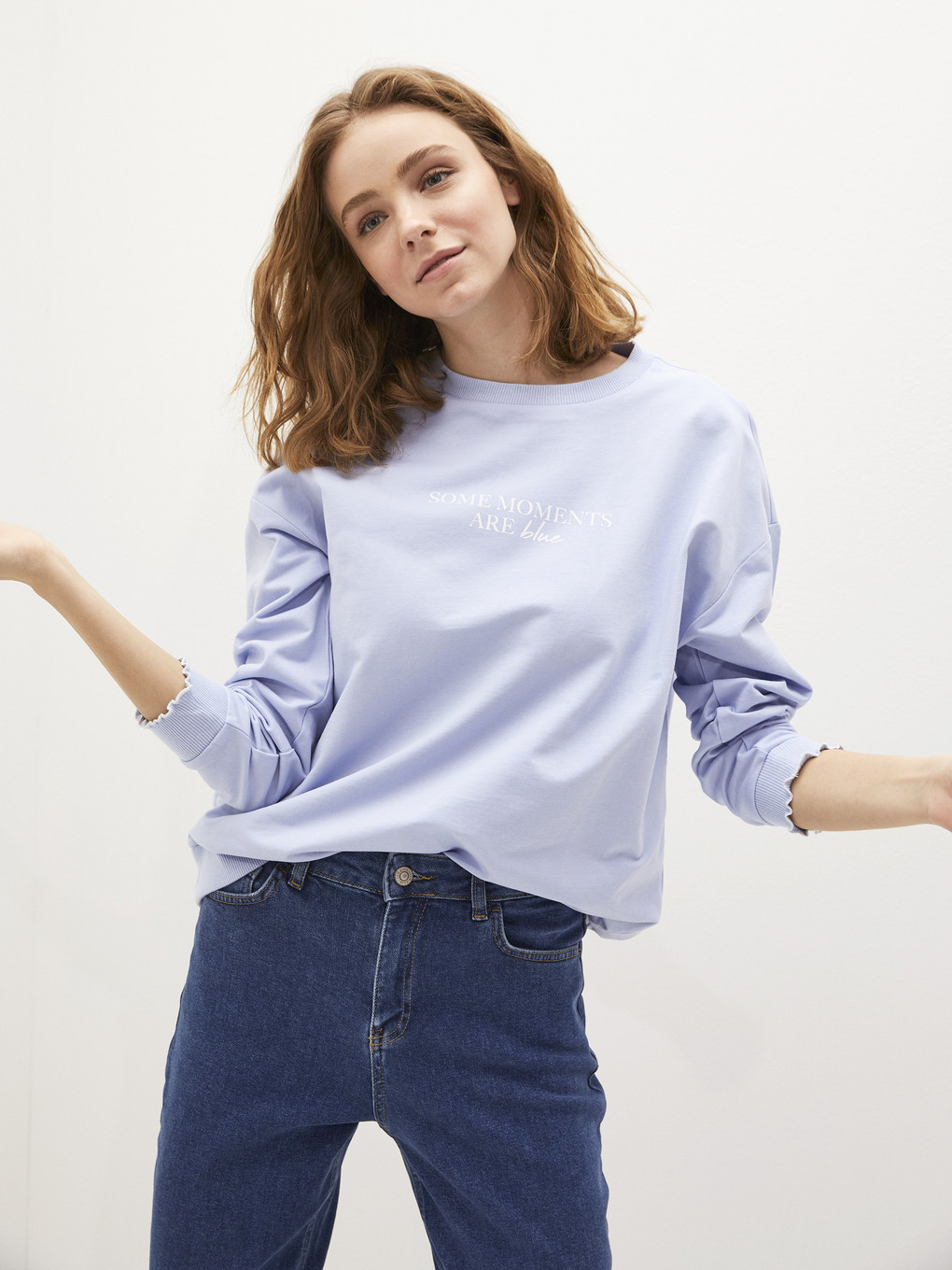 Mavi Slogan Baskılı Bisiklet Yaka Sweatshirt-4