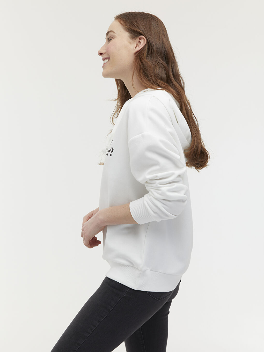 Beyaz Yazı Baskılı Kadın Kalın Hoodie