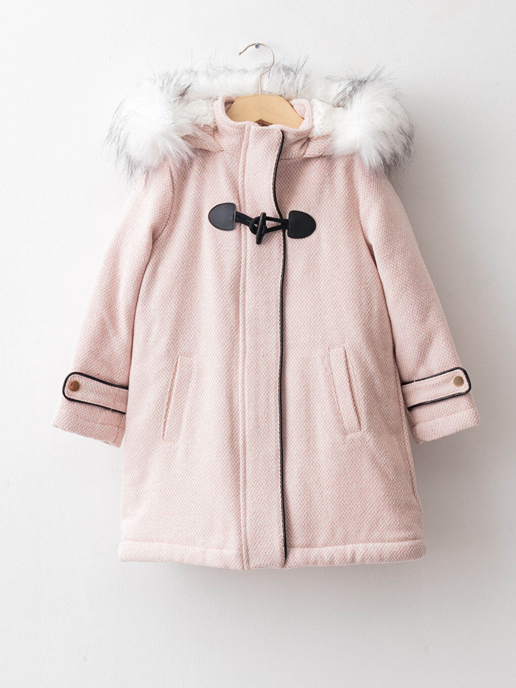 Pembe Kapüşonlu Kız Çocuk Kaşe Kaban