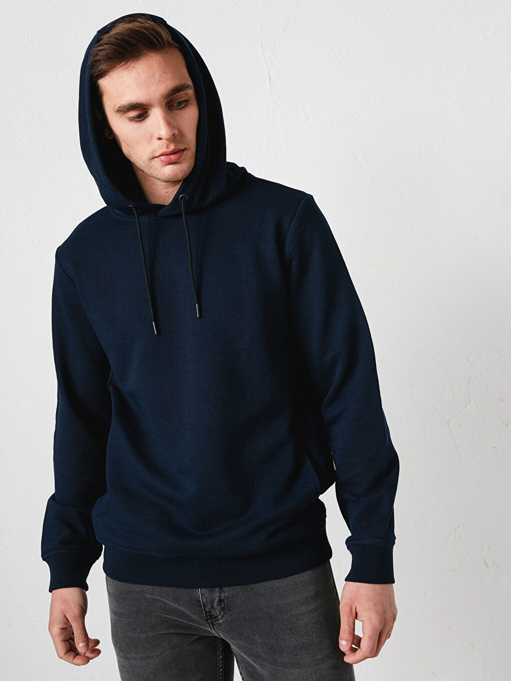 Lacivert Uzun Kollu Kalın Erkek Hoodie-1