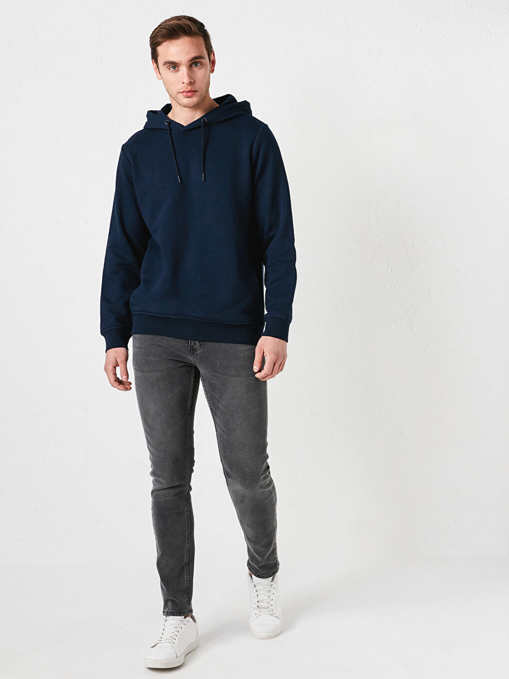 Lacivert Uzun Kollu Kalın Erkek Hoodie-4