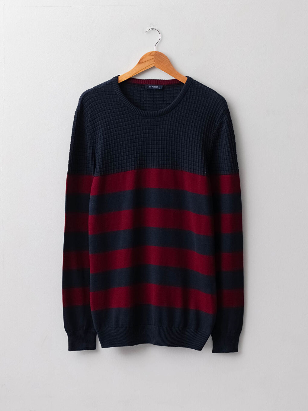 Bordo Bisiklet Yaka Uzun Kollu Çizgili Erkek Triko Kazak-5