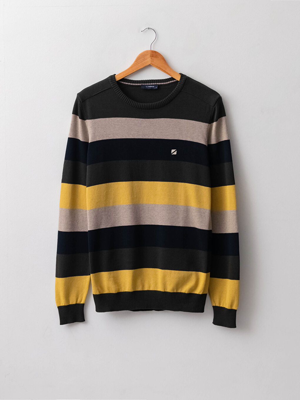 Haki Bisiklet Yaka Uzun Kollu Renk Bloklu Erkek Triko Kazak-6