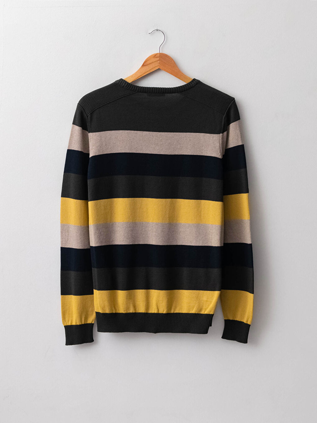 Haki Bisiklet Yaka Uzun Kollu Renk Bloklu Erkek Triko Kazak-7