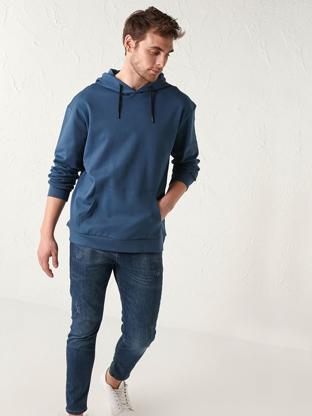 İndigo Kanguru Cepli Hoodie