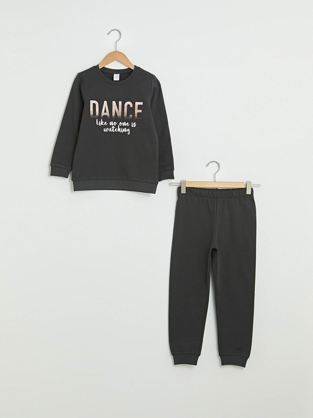 Antrasit Bisiklet Yaka Baskılı Uzun Kollu Kız Çocuk Pijama Takımı