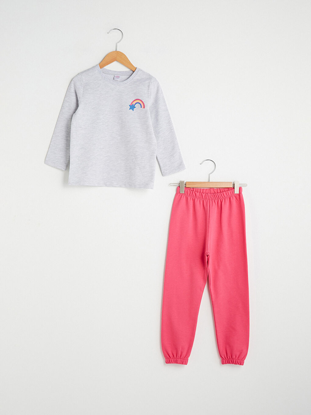 LCW Kids Gri Bisiklet Yaka Baskılı Uzun Kollu Kız Çocuk Pijama Takımı