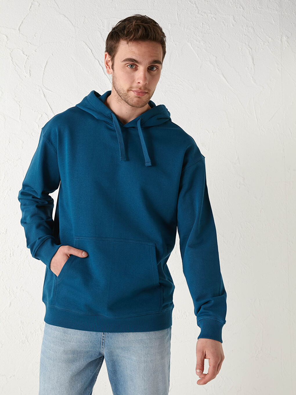Petrol Uzun Kollu Basic Kalın Erkek Hoodie-4