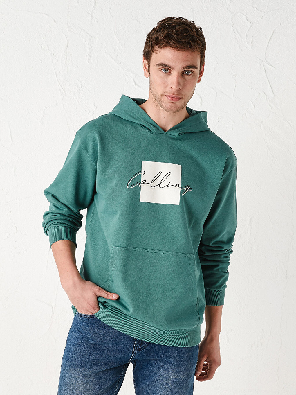 Yeşil Uzun Kollu Baskılı Kalın Erkek Hoodie