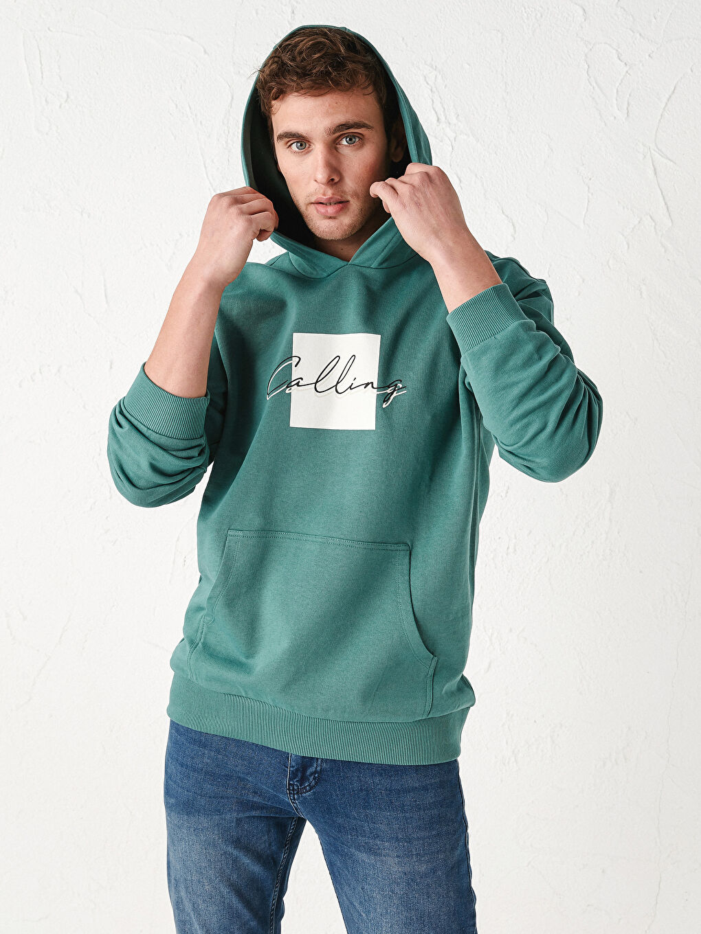 Yeşil Uzun Kollu Baskılı Kalın Erkek Hoodie-1