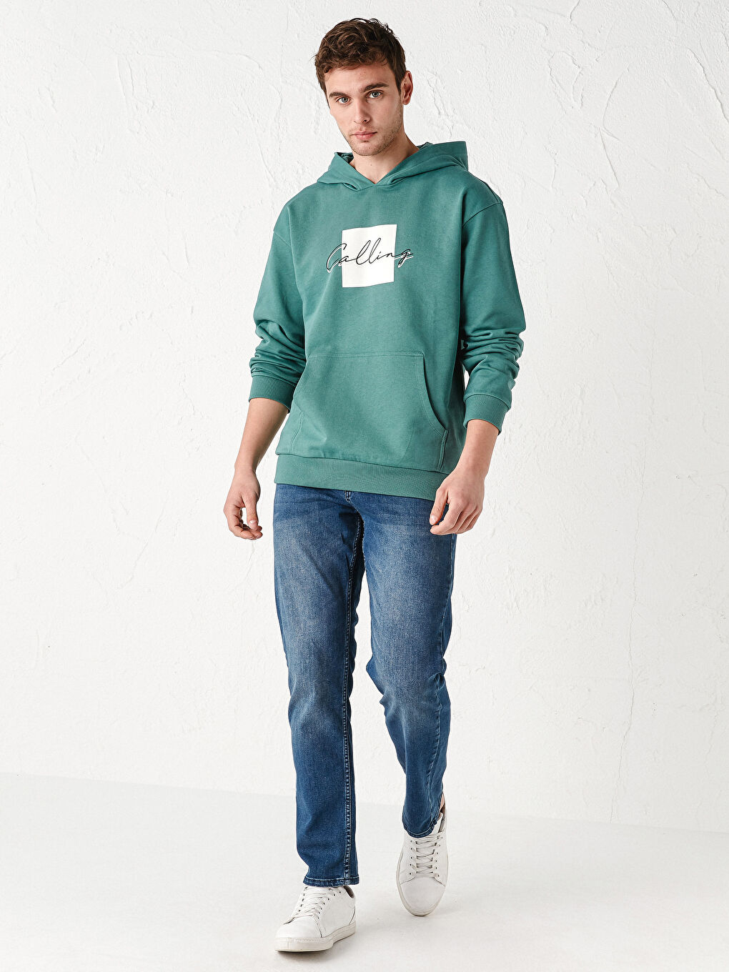 Yeşil Uzun Kollu Baskılı Kalın Erkek Hoodie-3