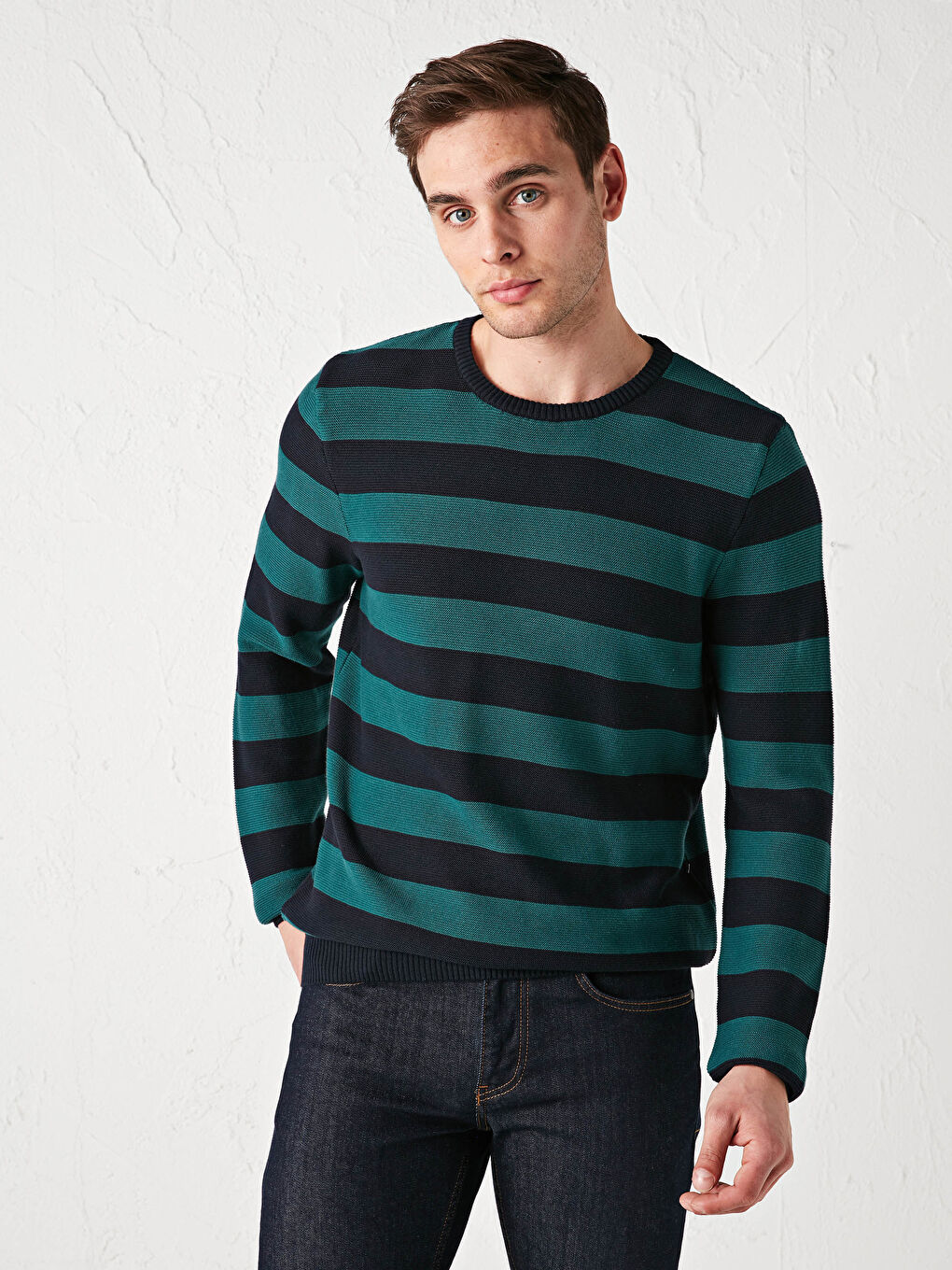 Yeşil Bisiklet Yaka Uzun Kollu Çizgili Erkek Triko Kazak