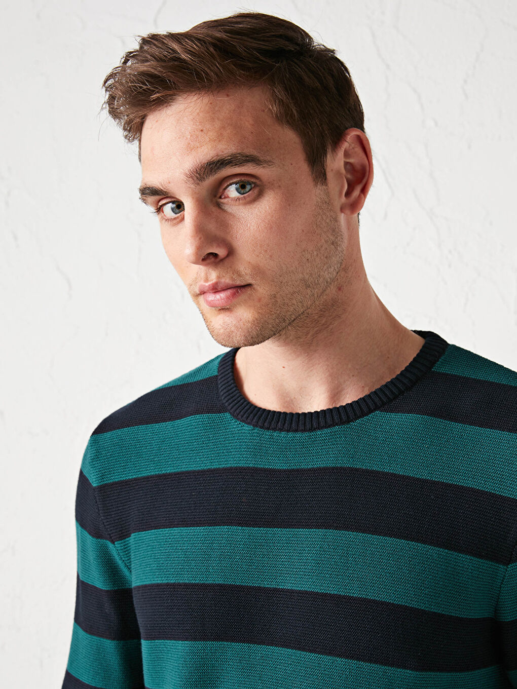 Yeşil Bisiklet Yaka Uzun Kollu Çizgili Erkek Triko Kazak-1