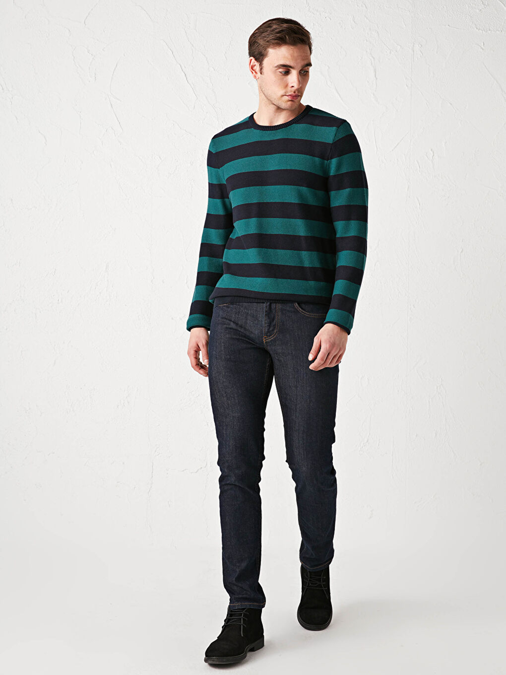 Yeşil Bisiklet Yaka Uzun Kollu Çizgili Erkek Triko Kazak-2