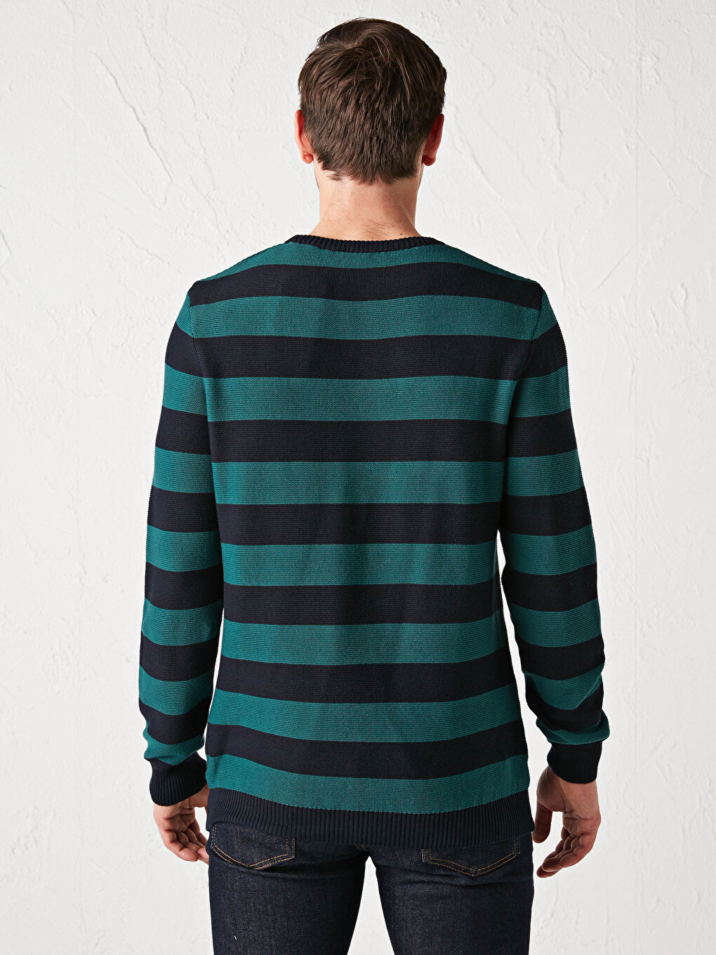 Yeşil Bisiklet Yaka Uzun Kollu Çizgili Erkek Triko Kazak-3