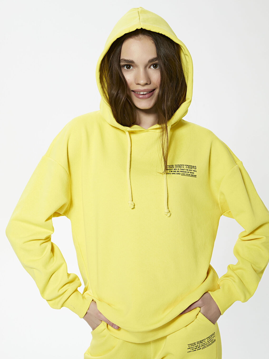 Sarı Yazı Baskılı Kadın Kalın Hoodie