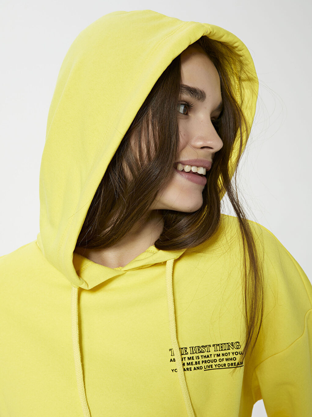 Sarı Yazı Baskılı Kadın Kalın Hoodie-2