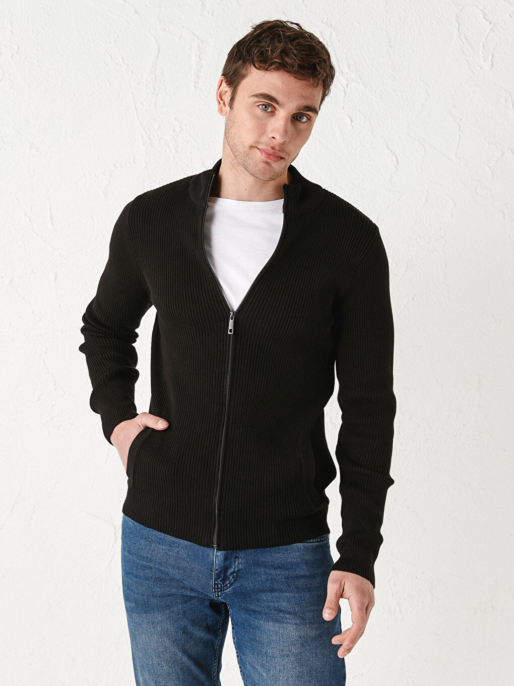 Cardigan Tricot Slim Fit Guler Tip Pâlnie Mânecă Lungă pentru Bărbați