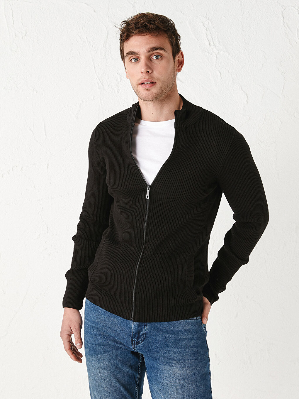 Cardigan Tricot Slim Fit Guler Tip Pâlnie Mânecă Lungă pentru Bărbați-1