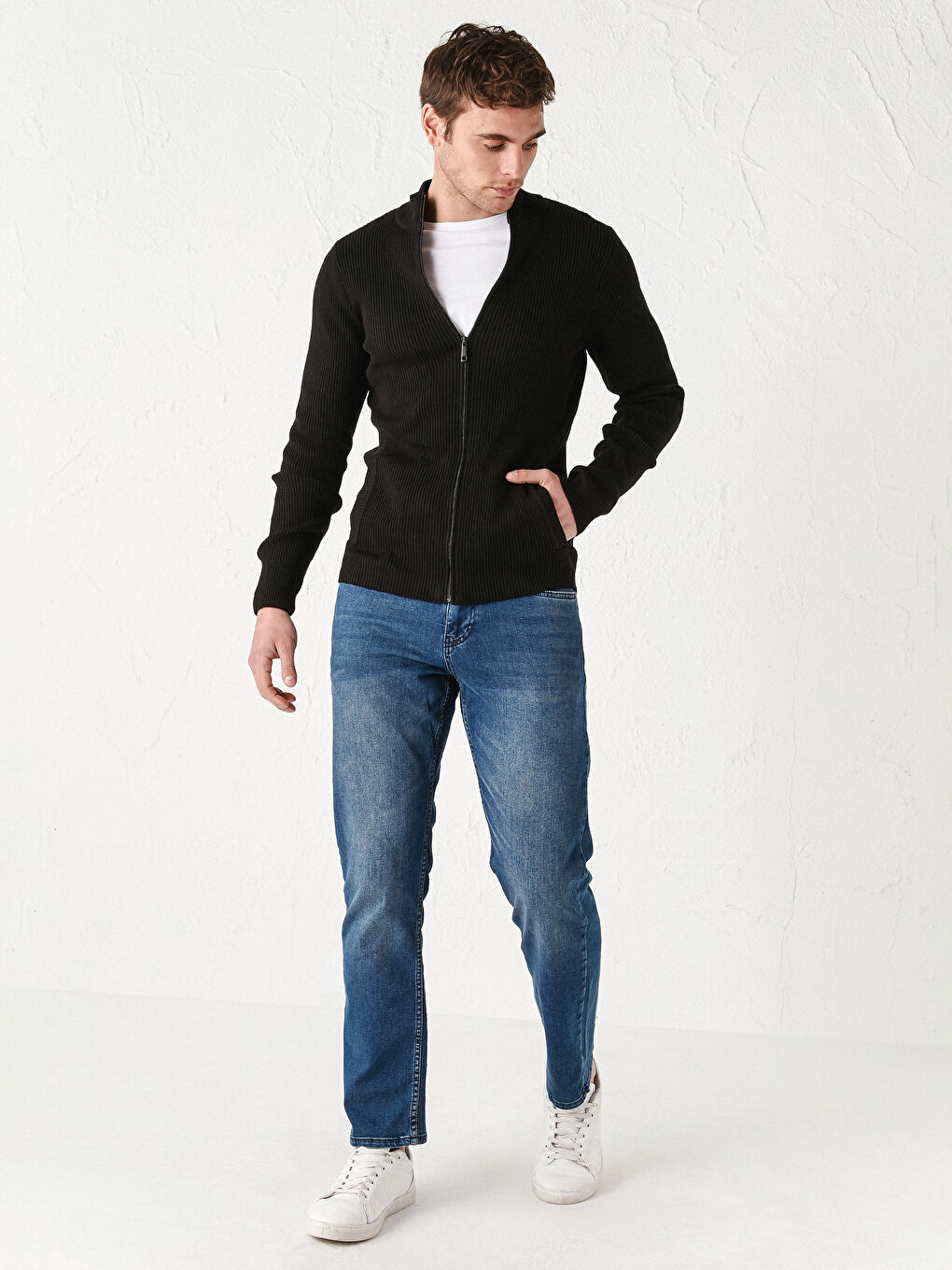 Cardigan Tricot Slim Fit Guler Tip Pâlnie Mânecă Lungă pentru Bărbați-3