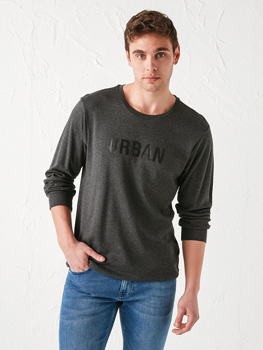 Antrasit Bisiklet Yaka Uzun Kollu Baskılı Erkek Sweatshirt