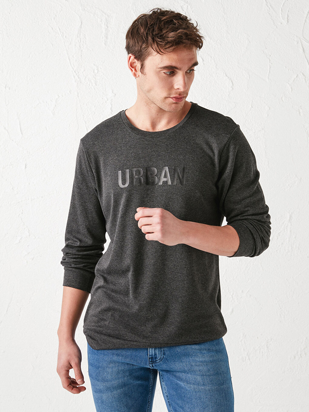 Antrasit Bisiklet Yaka Uzun Kollu Baskılı Erkek Sweatshirt-1