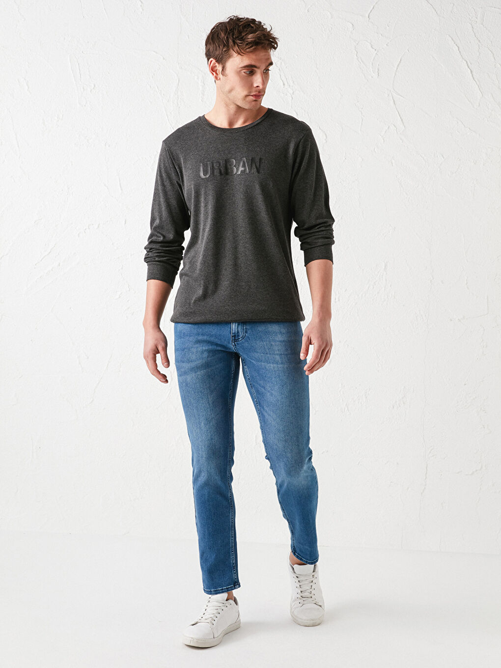 Antrasit Bisiklet Yaka Uzun Kollu Baskılı Erkek Sweatshirt-3