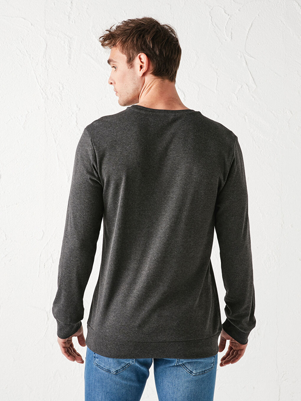 Antrasit Bisiklet Yaka Uzun Kollu Baskılı Erkek Sweatshirt-4