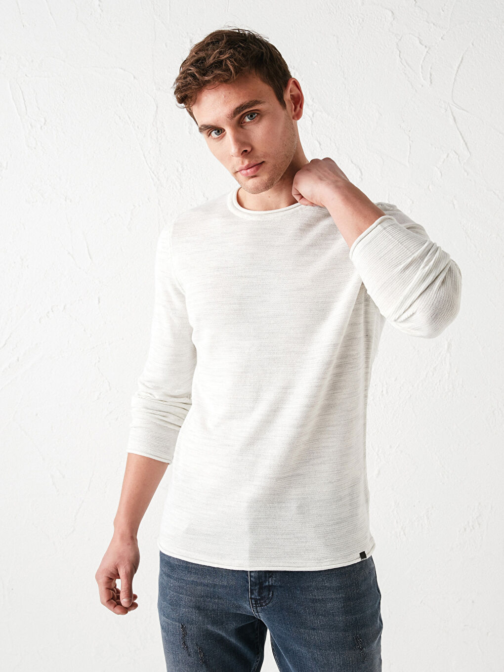 Beyaz Bisiklet Yaka Uzun Kollu İnce Erkek Triko Kazak