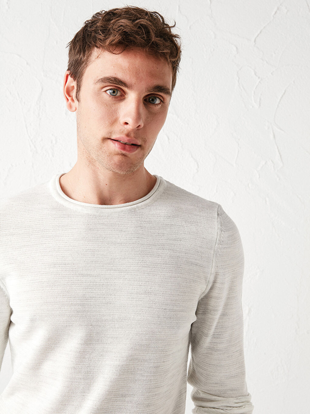 Beyaz Bisiklet Yaka Uzun Kollu İnce Erkek Triko Kazak-2