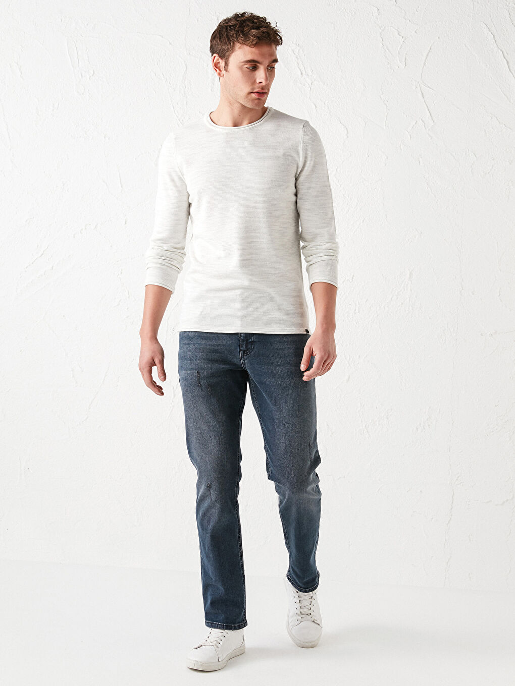 Beyaz Bisiklet Yaka Uzun Kollu İnce Erkek Triko Kazak-3