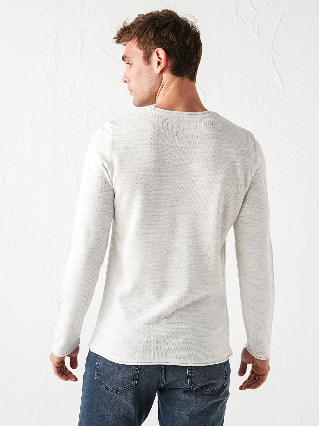 Beyaz Bisiklet Yaka Uzun Kollu İnce Erkek Triko Kazak-4