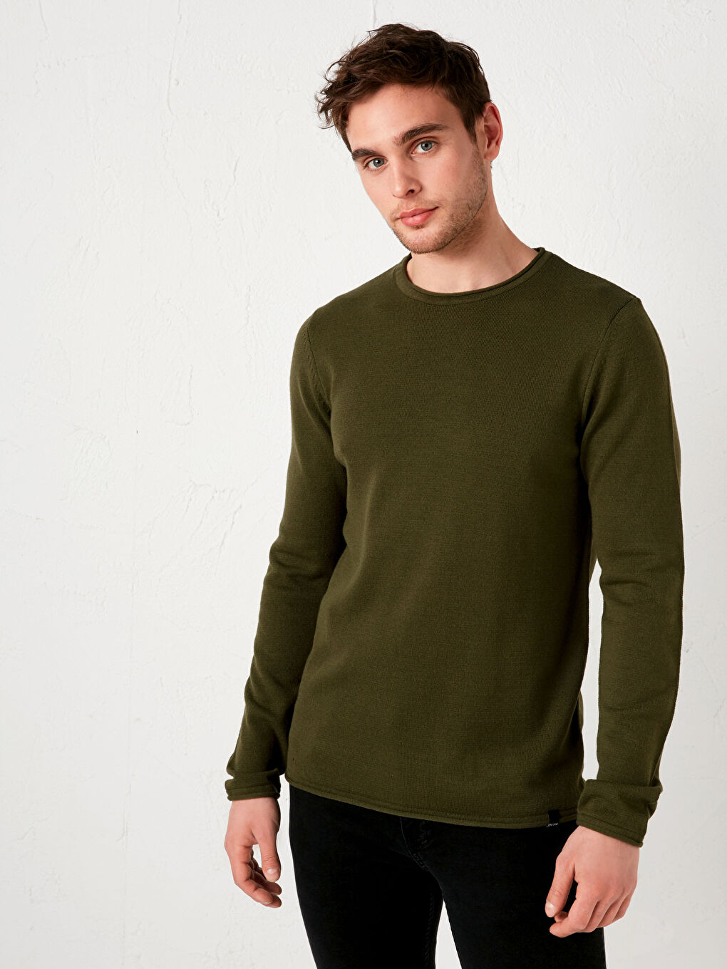 Haki Bisiklet Yaka Uzun Kollu İnce Erkek Triko Kazak-1