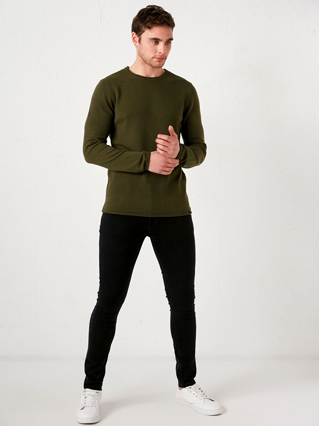 Haki Bisiklet Yaka Uzun Kollu İnce Erkek Triko Kazak-2