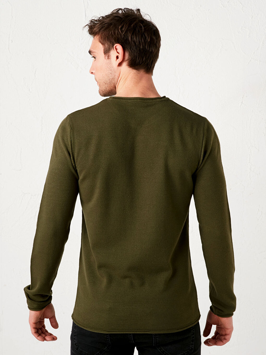 Haki Bisiklet Yaka Uzun Kollu İnce Erkek Triko Kazak-3